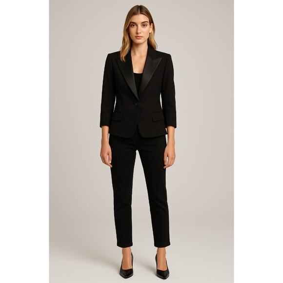 Smythe 4 Classic Wool One Button Blazer Textured Wide Lapel Tuxedo Jacket Black - Picture 4 of 13